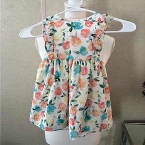 Girls Floral Ruffle Sleeve Dress - White with Pink, Blue & Yellow Blooms